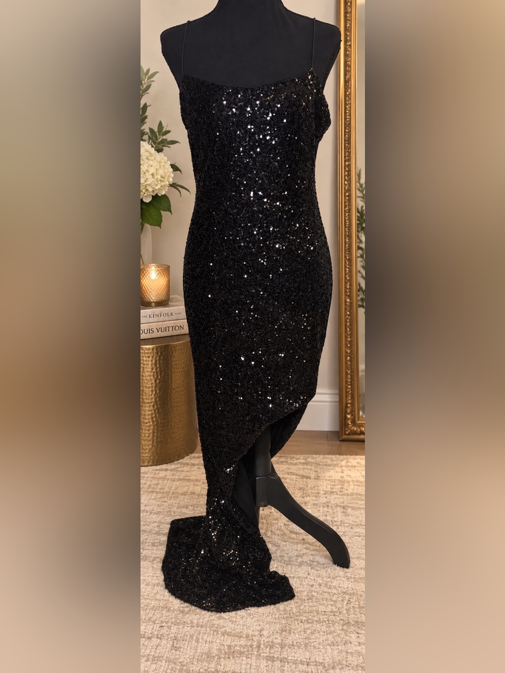 Thirty Thirty Black Sequin Maxi Gown L Y2K Spaghetti Strap Formal Dress